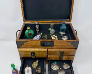 22 AntiqueMiniPerfumeBottleLotinWoodChest5SterlingMarked