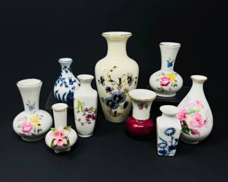 113 9MiniaturePorcelainVasesFloralAsianEuropeanMarks