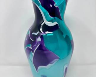 107 HandBlownArtGlassVaseTealPurpleWhiteSwirlDesign