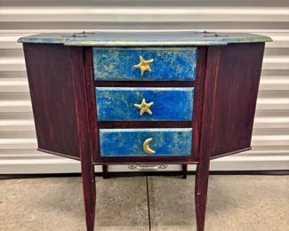 7 UpcycledSewingTableBlueGoldwLiftTopSidePanelsStarPulls
