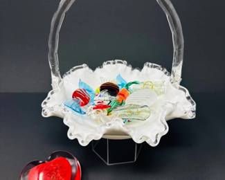 42 FentonStyleSilverCrestWhiteMilkGlassBasketArtGlassCandies
