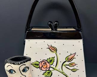 48 HandPaintedCeramicPurseSignedWhimsicalFaceVase