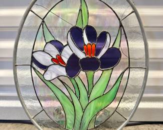 36 OvalStainedGlassFloralPanelPurpleWhiteFlowers