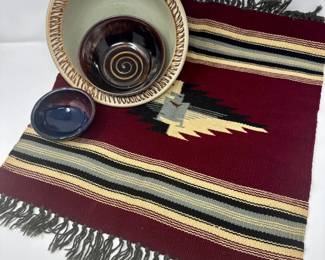 108 HandwovenChimayoWoolRug3SignedStudioPotteryBowls