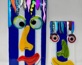 45 CurtissOlsonVintageWhimsicalFusedGlassFace2002SignedPair