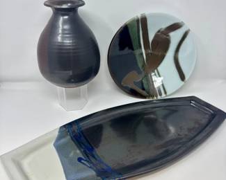 74 SignedStudioPotteryTrioGlazedPlateBowlBrownVase