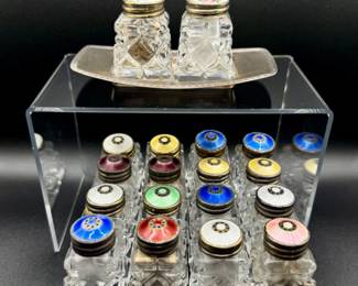 114 NorwayCrystalSaltPepperShakersEnamelSterlingSilverTops