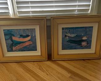 2 gold frame hand painted boats