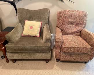 two upholstered chairs (the paisley upholstery is a recliner)