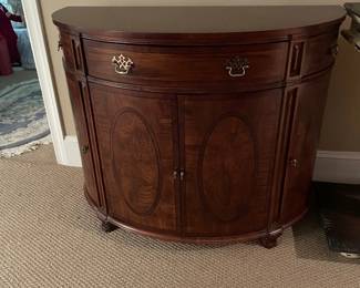 half round inlaid cabinet perfect as a foyer piece, buffet in a small dining room or bar anywhere - in excellent condition