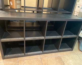 one of six Black IKEA shelving unit which can stand horizontal or vertical (look gray but is black)