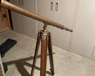 brass and wood telescope, large metal cabinets