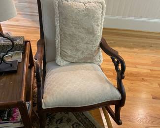 antique freshly upholstered arm chair rocker, MCM side table on wheels