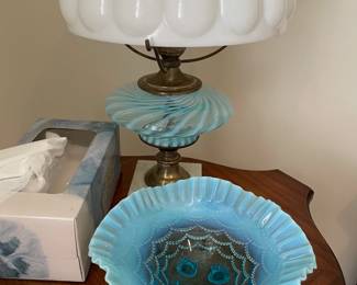 Fenton lamp and fluted blue bowl