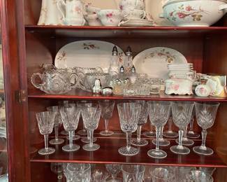 crystal goblets, salt cellar, china set