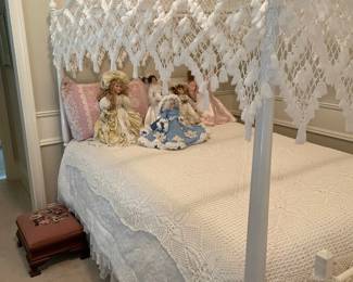 full canopy bed, vintage dolls, needle point foot stool