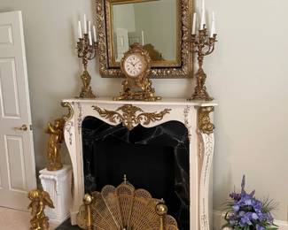 free standing mantle, brass spark fan, andirons, candelabra, clock, mirror and figurines