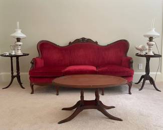Can’t you see Scarlett fairing on this? Again, pristine condition, unique and different end tables, perfectly functional cocktail table, pair of vintage lamps and china treasures