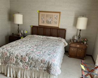 Drexel Queen Campaign Accolades Headboard & Nightstands,        MCM RARE Stiffle Rembrandt Brass Torchiere Lamps Hand Blown Milk and Smoke Glass,           VTG Peacock Flower Vase OLd Japan Ceramic Vase Asian Bird Decor JP                                                                                                                       