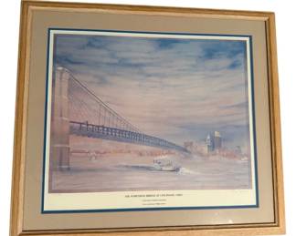 26.5 x 23 Framed Suspension Bridge At Cincinnati,Ohio Print By Phillippe Lejeune signed numbered