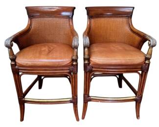 Ethan Allen 24 Wicker, Wood Leather Bar Stools