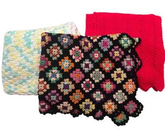Three Crochet Afghan Blankets Colorful Granny Square, Pastel Throw, Red Scalloped