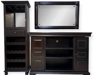 Dark Wooden Bar Cabinet, Sideboard, And Mirror