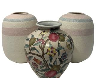 Three Pottery Vases Two Pink Blue Striped, One Floral Botanical