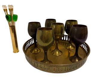 Vintage Brass Cordial Set With 24K Gold Electroplated Olive Picks