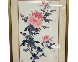 40 x 28 Framed 1989 Chinese Peach Peony Art Print by Ning Yeh