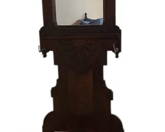 007 Antique Carved Wooden Hall Tree w Marble Top Umbrella Holders