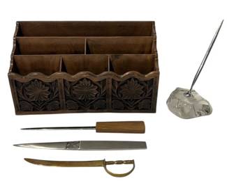 Floral Faux Wooden Desk Organizer, Letter Openers, Pen Stand