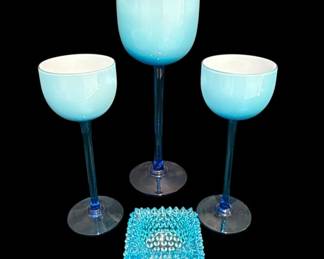 Blue White Cased Wine Glasses Small Fenton Hobnail Votive Holder