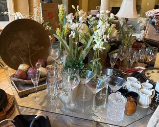 Lot of Assorted Designer Decor, Stemware, faux flowers and plants, dishes, platters, baskets, boxes, vases, clocks urns, bowls etc.-$400