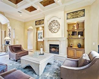 Brown Velvet Chairs Excursions by Lane Venture (4) Each $190 19" 34"x 39" Stone Style Coffee table 21" x 47" x 47"-$90 Large Filigree Medallion Wall Art 42" $220
