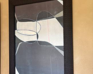 2 Framed Abstract black, white and grey with red pin strip prints framed 41" x 30" Each $175
