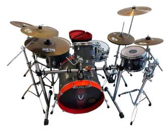 Varus Morpheus Deluxe Gray Red Drum Set with Paiste Cymbals and an Ahead SpinalG Saddle Drum Throne