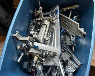 Crate Full Of Drum Stand Parts, Clamps, Accessories