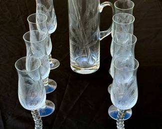 Tommy Bahama cocktail set - curved stem palm tree glasses - 8 Glasses Pitcher and Glass Stir - Rare discontinued