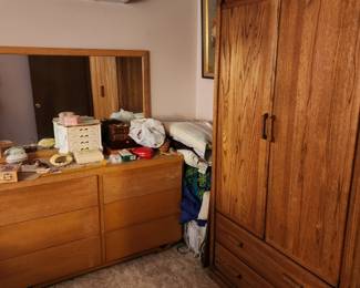 Solid oak, wardrobe, and vintage mid-century, modern dresser, and mirror