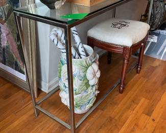 Glass and metal modern console table 42” x 14” x 29.5” $50 + tax