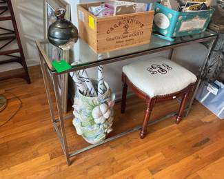 Glass and metal modern console table 42” x 14” x 29.5” $50 + tax