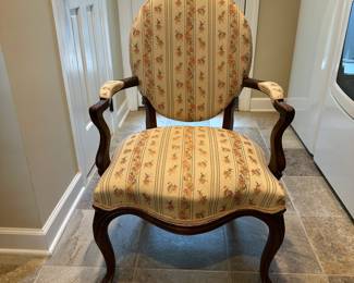 L5 - $60. Single Antique Upholstered Chair. Measures 24.5" wide x 24" deep x 38" tall. Feels like it has the original springs in it.