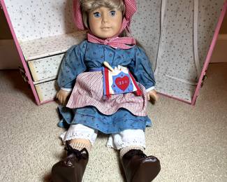 C24 - $400. American Girl Doll Kirsten 1986, Kirstens Doll
Outfits include -
Blue Calico Dress
School Dress & Shawl
Apron Dress & Daisy Wreath
Friendship Quilt & Quilt Kit
Summer Dress & Straw Hat
Red Boots
Winter Skirt & Blouse
Hand-Knit Woolens
Flannel Underwear
Kirsten’s Nightgown
Swedish Dirndl & Kerchief
Spoon bag, spoon, hankie
Trunk is *NOT* authentic Pleasant Company but included!