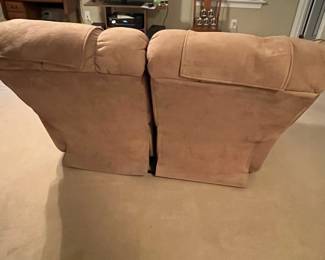 C34 - $225. La-Z-Boy Dual Reclining Microfiber Loveseat. Measures 65" wide x 68" wide fully open (40" deep when closed) x 39" tall. I believe the backs should come off to get it down the stairs but PLEASE HAVE HELP TO MOVE. This is on the **3rd** floor and you must use caution with the walls coming down the stairs. Very gently used and comfy!