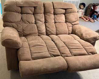 C34 - $225. La-Z-Boy Dual Reclining Microfiber Loveseat. Measures 65" wide x 68" wide fully open (40" deep when closed) x 39" tall. I believe the backs should come off to get it down the stairs but PLEASE HAVE HELP TO MOVE. This is on the **3rd** floor and you must use caution with the walls coming down the stairs. Very gently used and comfy!