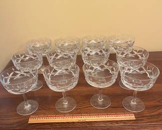 A32 - $150. Vintage Lenox Crystal Champagne Sherbet Glasses. "Charleston" Pattern. 12 pieces. 5 1/8" tall.