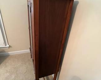 B35 - $125. Antique China Hutch Oak and Glass. Measures 38.5" wide x 15" deep x 59.5" tall.