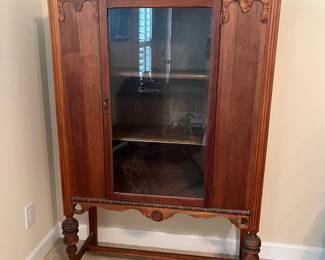 B35 - $125. Antique China Hutch Oak and Glass. Measures 38.5" wide x 15" deep x 59.5" tall.