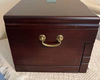 B39 - $65. Reed & Barton Eureka Mahogany Jewelry Box. Measures 17" wide x 11" deep x 9.5" tall.